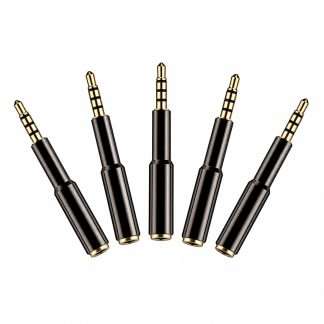 Five black 3.5mm 4-pole male-to-female audio jack extenders on white